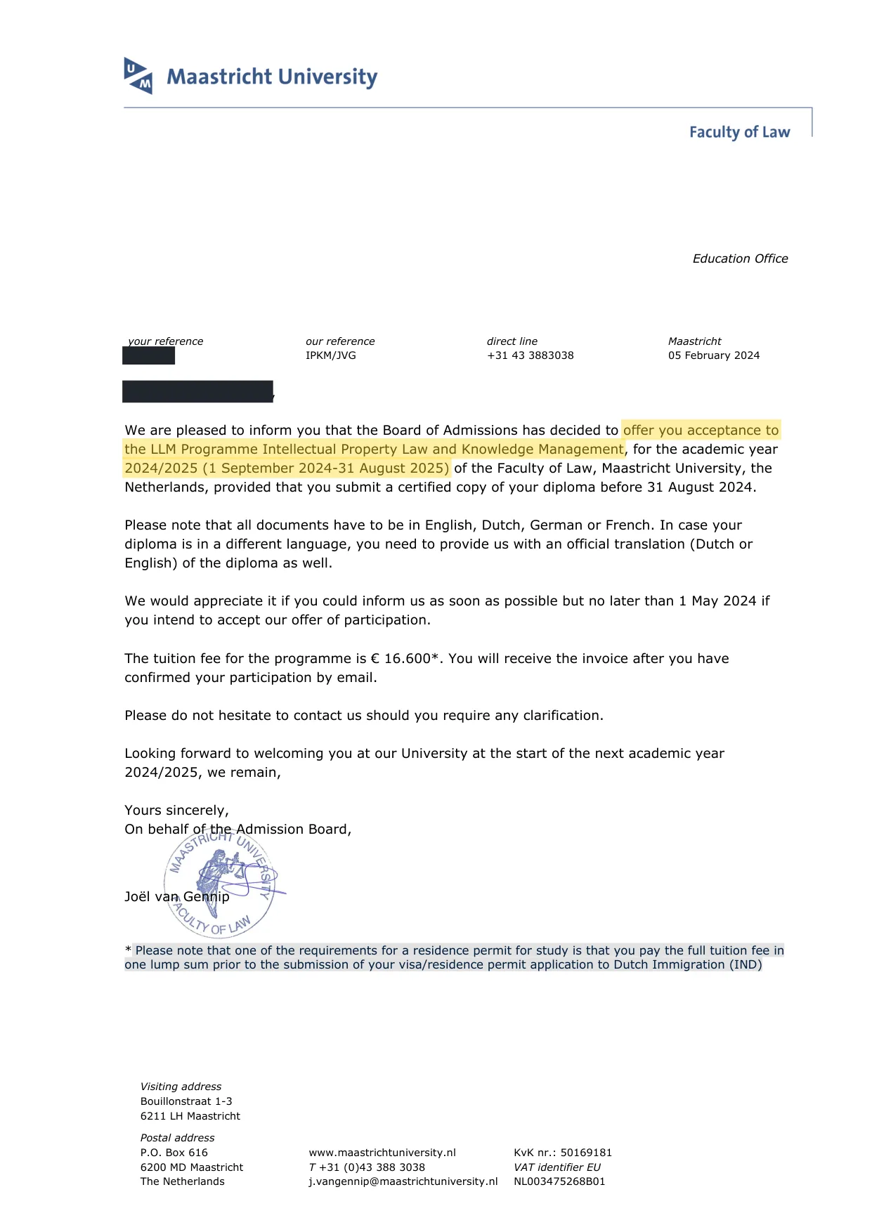 Admission letter from Maastricht University