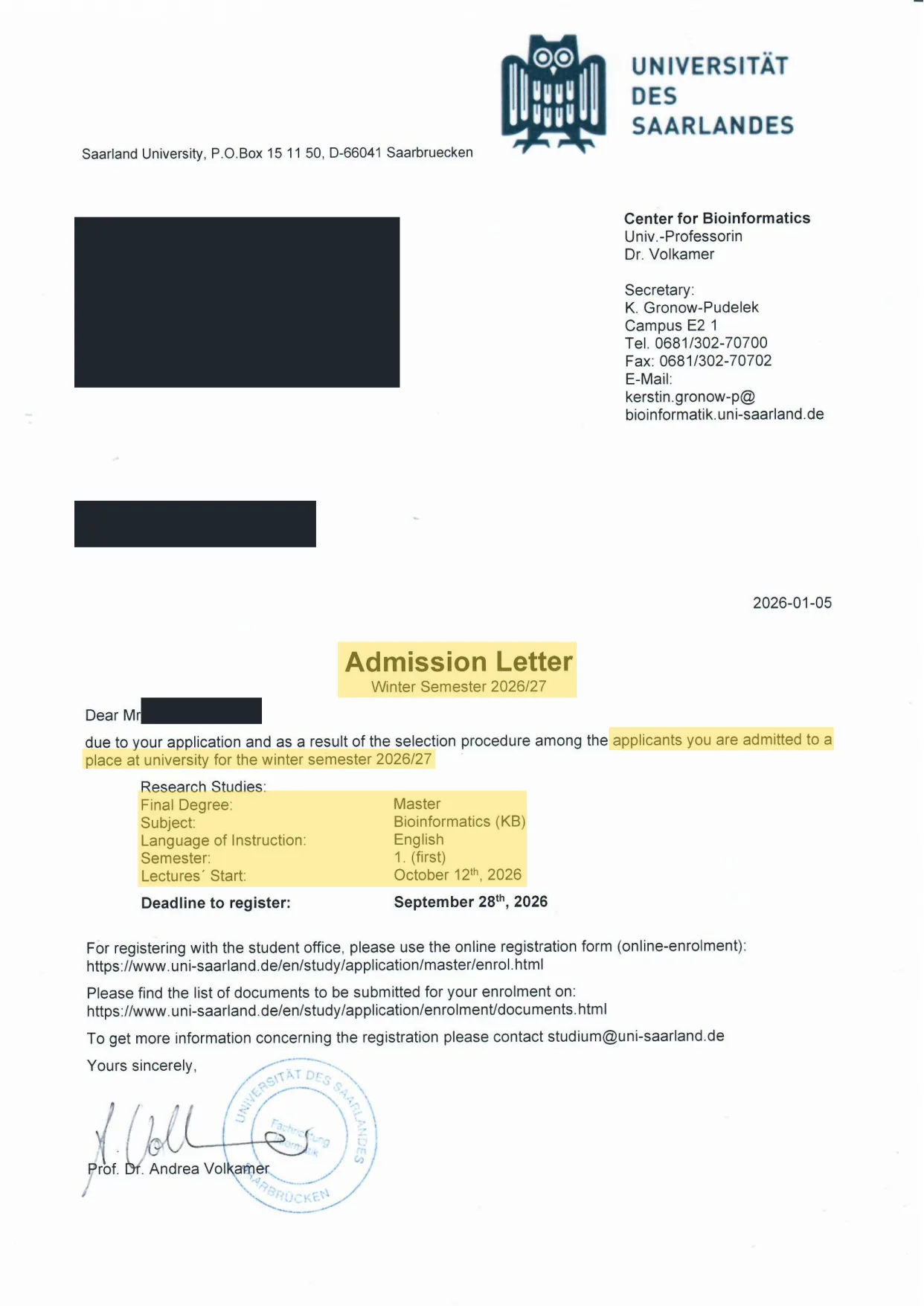 Admission letter from Saarland University