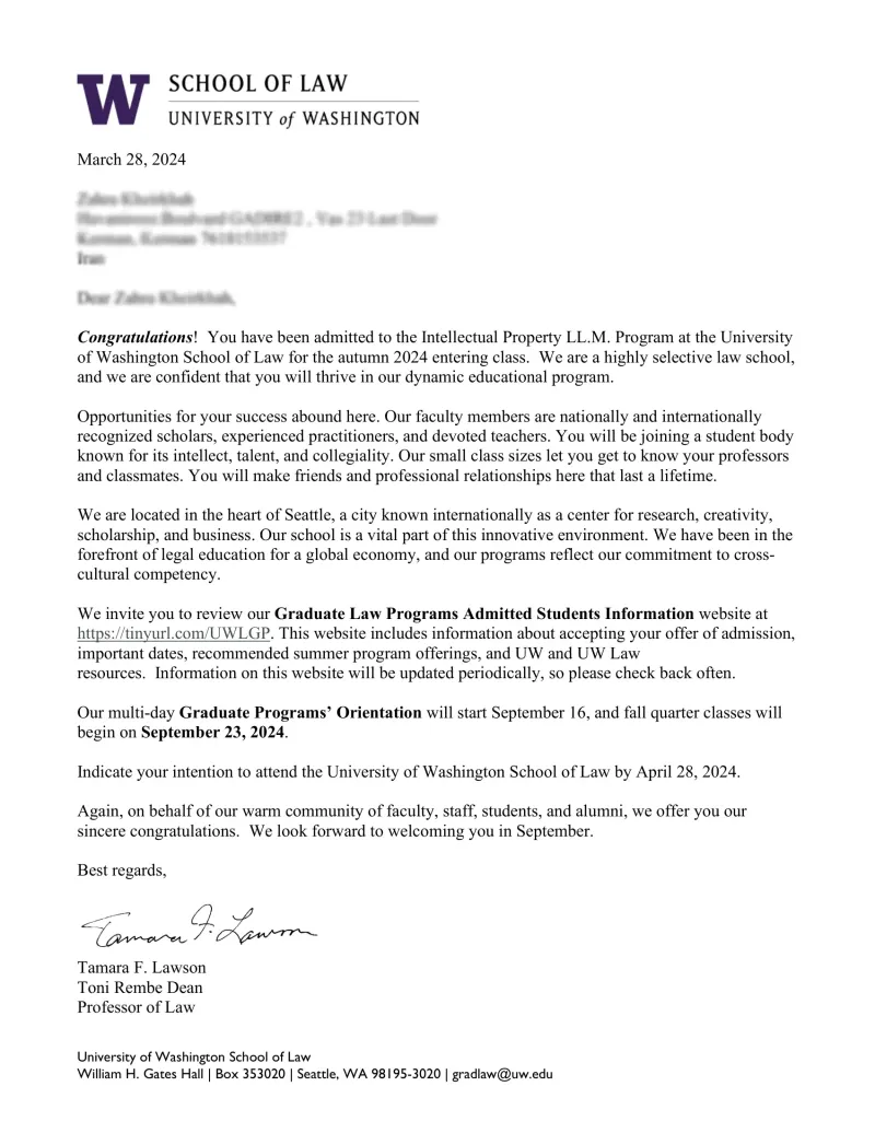 نامه پذیرش از University of Washington
